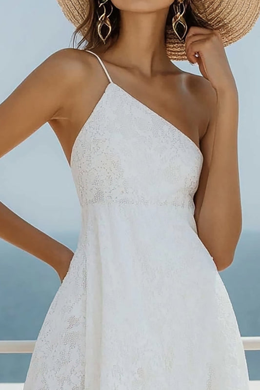 White Lace One Shoulder Short Asymmetrical Graduation Dress