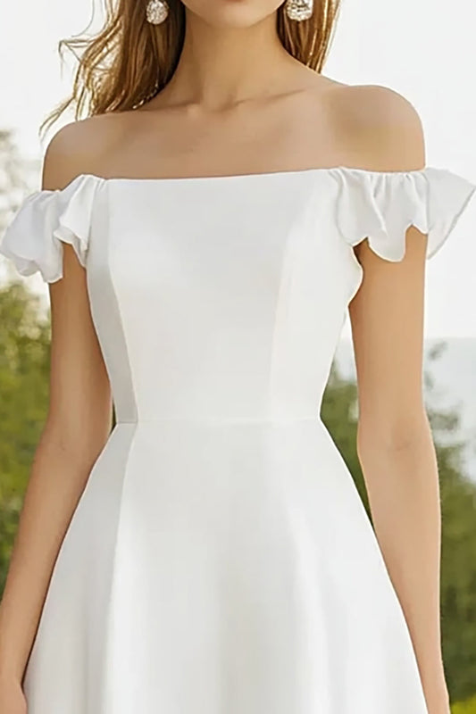 White A Line Satin Off the Shoulder Short Graduation Dress with Ruffles