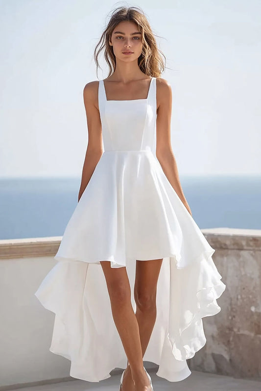 White A Line Square Neck High Low Graduation Dress with Ruffles
