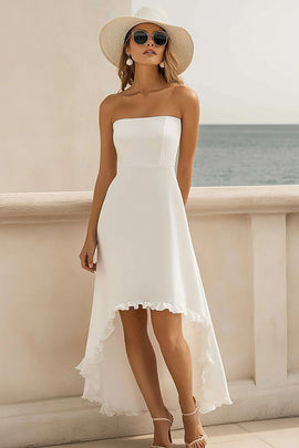 White Satin A Line Strapless High Low Graduation Dress with Ruffles