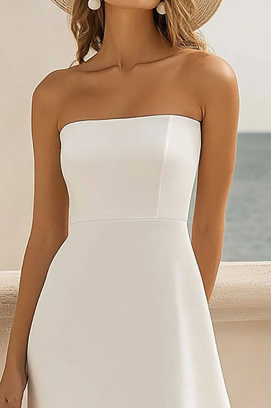 White Satin A Line Strapless High Low Graduation Dress with Ruffles