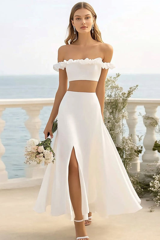 White Satin Two Pieces Long A Line Engagement Dress with Slit