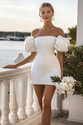 White Satin Bodycon Short Graduation Dress with Puff Sleeves