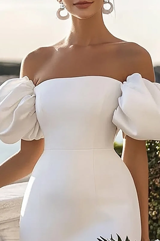 White Satin Bodycon Short Graduation Dress with Puff Sleeves