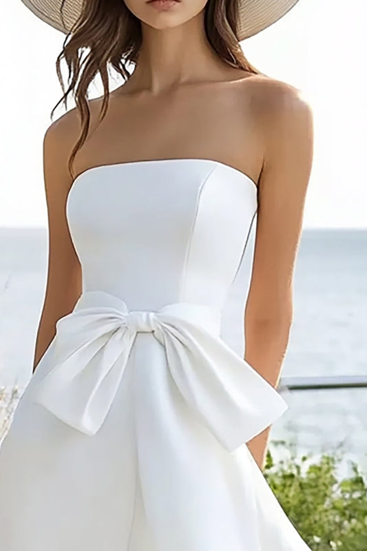 White A Line Satin Strapless High Low Graduation Dress with Bow