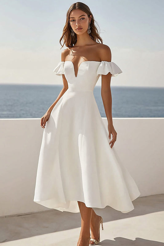White Satin A Line Off the Shoulder Long Engagement Dress