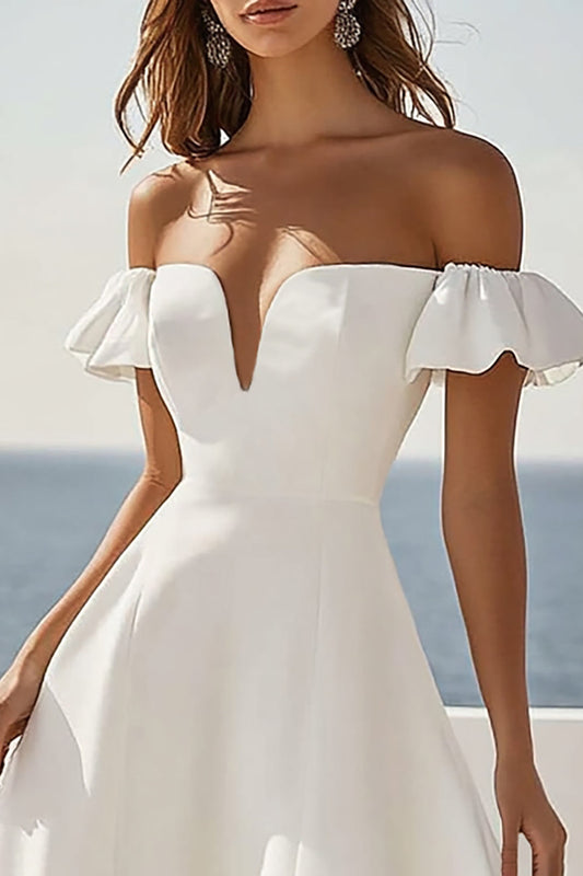 White Satin A Line Off the Shoulder Long Engagement Dress