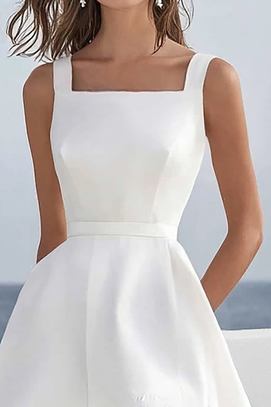 White Satin Square Neck Short A Line Graduation Dress with Ruffles