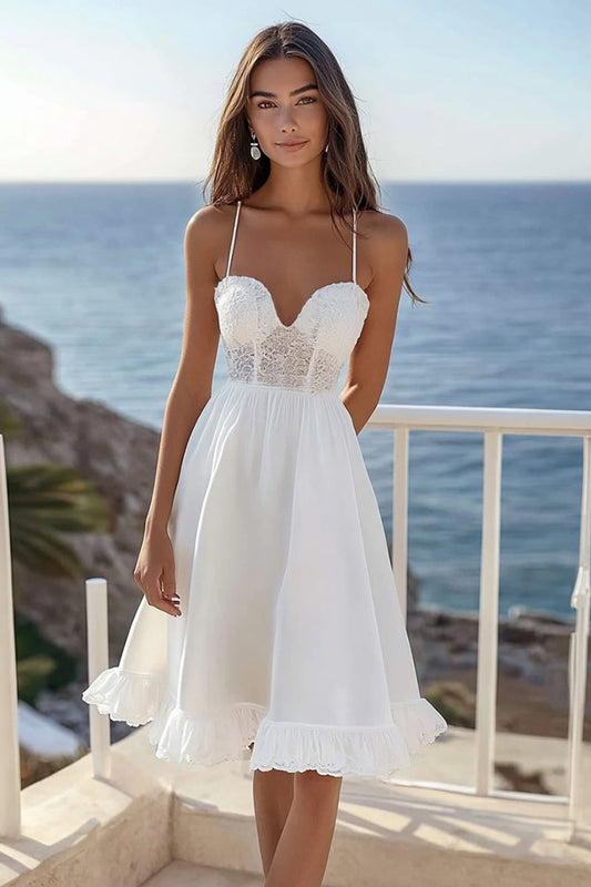 White A Line Corset Spaghetti Straps Short Graduation Dress with Ruffles