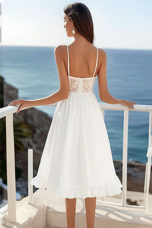 White A Line Corset Spaghetti Straps Short Graduation Dress with Ruffles