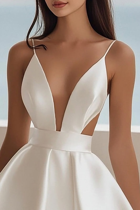 White Satin A-Line Deep V-Neck Short Graduation Dress