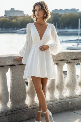 White Chiffon V-Neck Short Graduation Dress with Long Sleeves