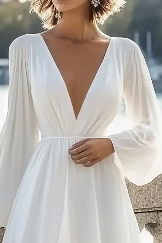 White Chiffon V-Neck Short Graduation Dress with Long Sleeves