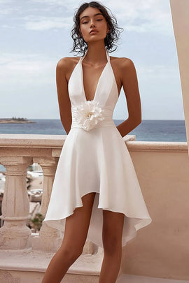 White Satin Halter Short A Line Graduation Dress with Flower