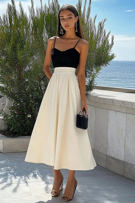 Black and Ivory Satin A Line Spaghetti Straps Long Formal Dress