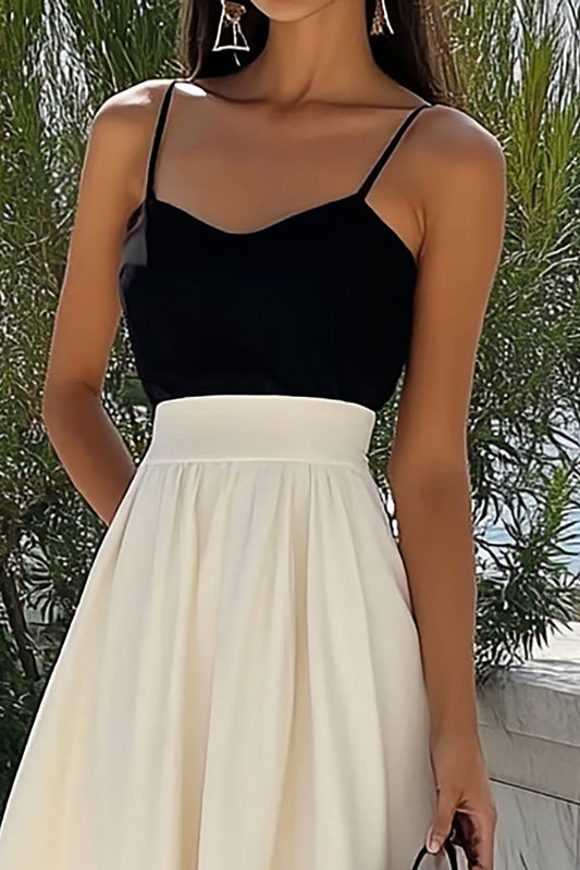 Black and Ivory Satin A Line Spaghetti Straps Long Formal Dress