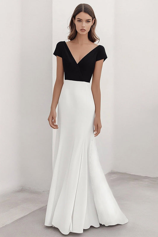 Black White Sheath V-Neck Satin Long Formal Dress with Cap Sleeves