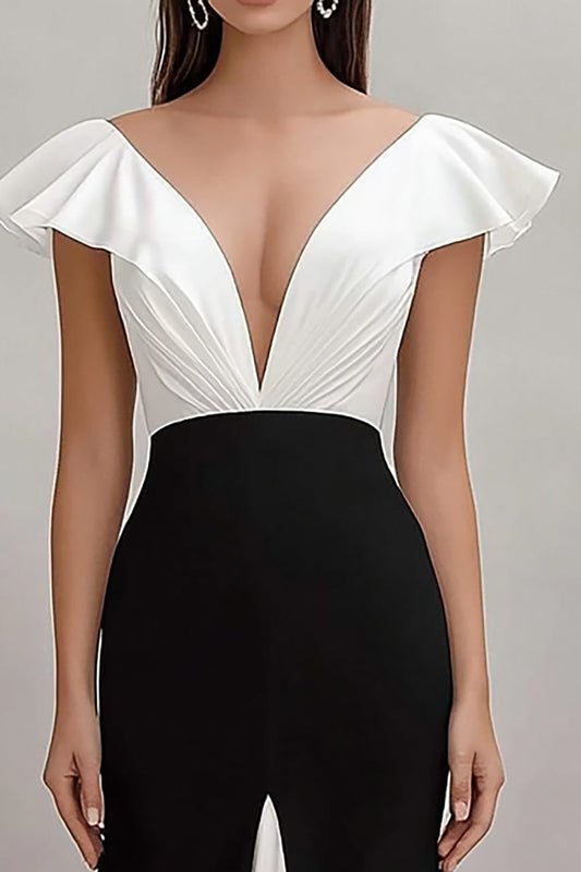 Black White A Line V-Neck Ruffled Long Formal Dress