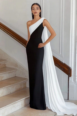 Black White Sheath One Shoulder Satin Long Formal Dress with Side Cape Sleeveless Evening Dress