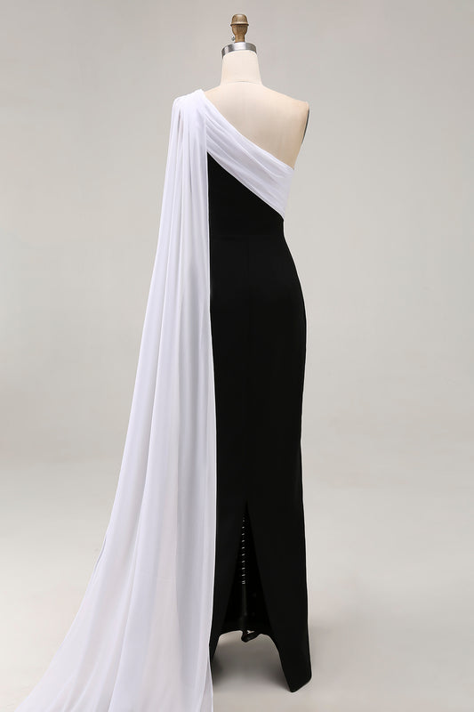 Black White Satin One Shoulder Sheath Long Formal Dress with Side Cape