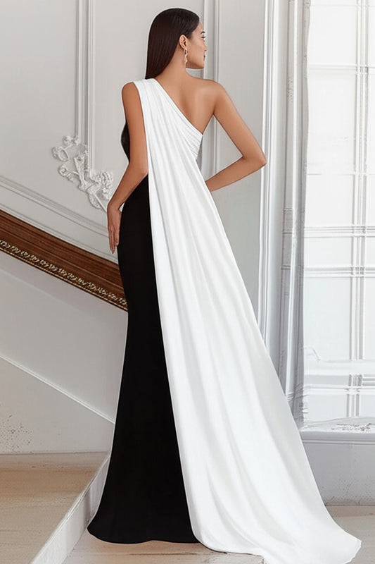 Black White Sheath One Shoulder Long Satin Formal Dress with Side Cape
