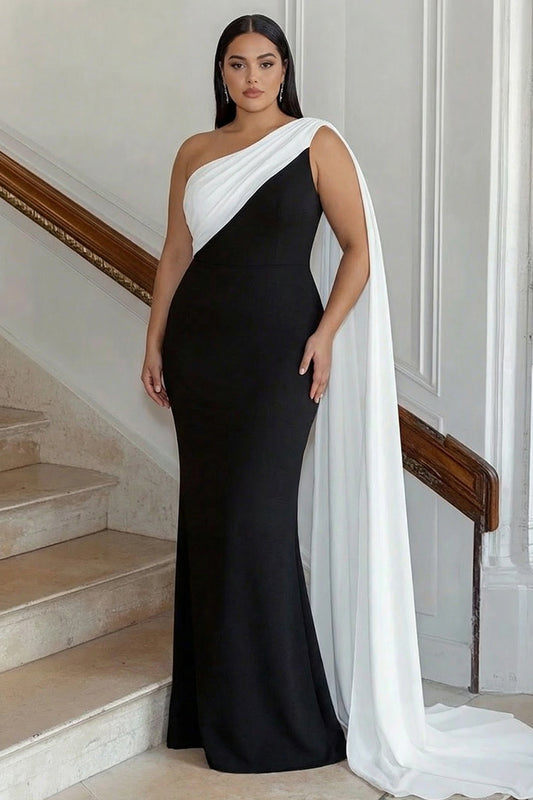 Plus Size Black and White Satin One Shoulder Sheath Long Formal Dress with Side Cape
