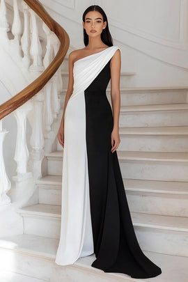 Black White Sheath Ruched Long One Shoulder Formal Dress