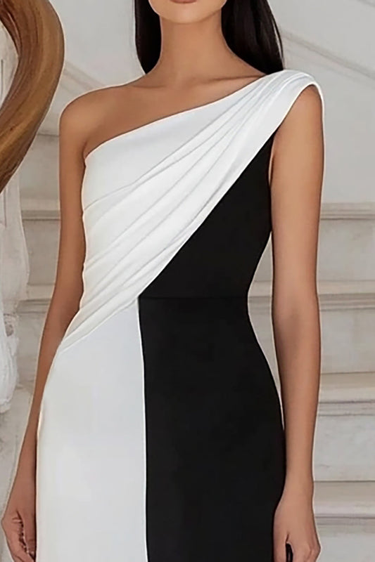 Black White Sheath Ruched Long One Shoulder Formal Dress
