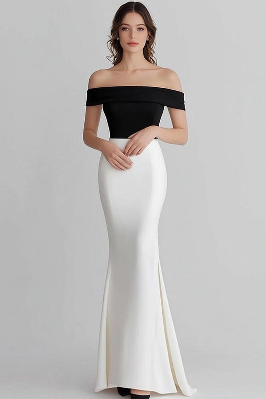 Black White Mermaid Off the Shoulder Satin Long Formal Dress
