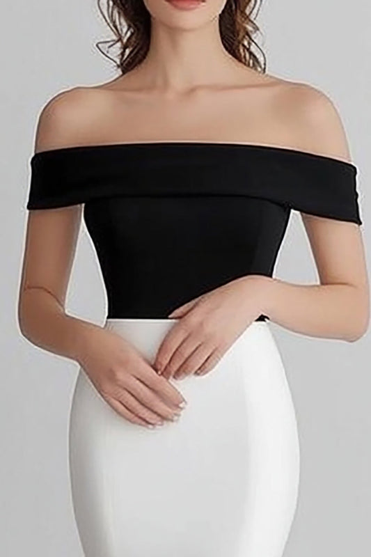 Black White Mermaid Off the Shoulder Satin Long Formal Dress