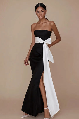 Black White Sheath Square Neck Satin Long Formal Dress with Sash