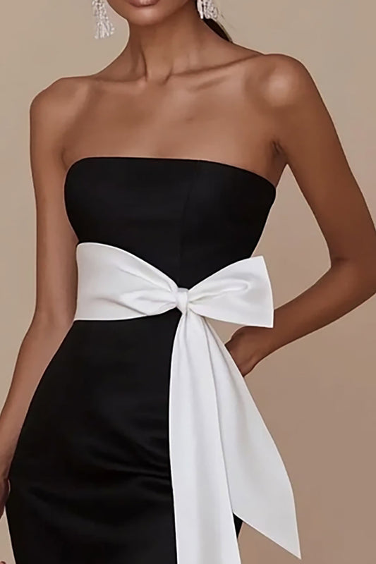 Black White Sheath Square Neck Satin Long Formal Dress with Sash