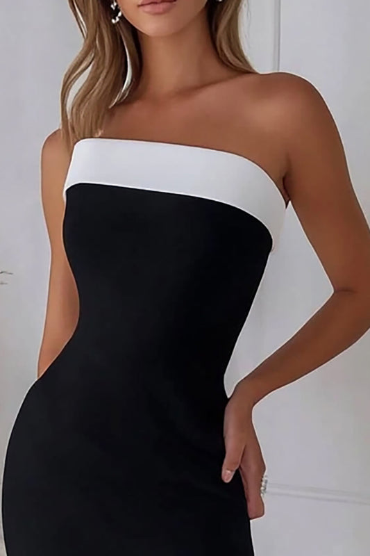 Black White Sheath Strapless Asymmetrical Midi Formal Dress with Ruffles