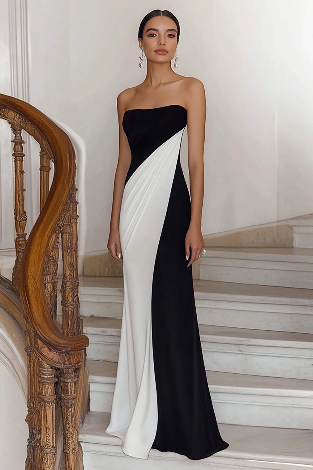 Zapakasa Women Black White Square Neck Sheath Long Formal Dress Strapless Ruched Sleeveless Evening Dress Zapakasa Women Black White Square Neck Sheath Long Formal Dress Strapless Ruched Sleeveless Evening Dress