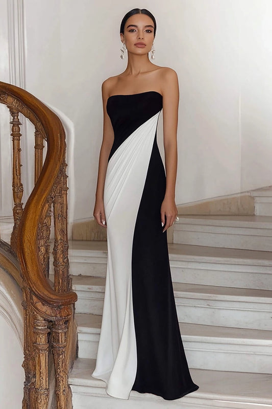 Black White Sheath Square Neck Ruched Long Formal Dress