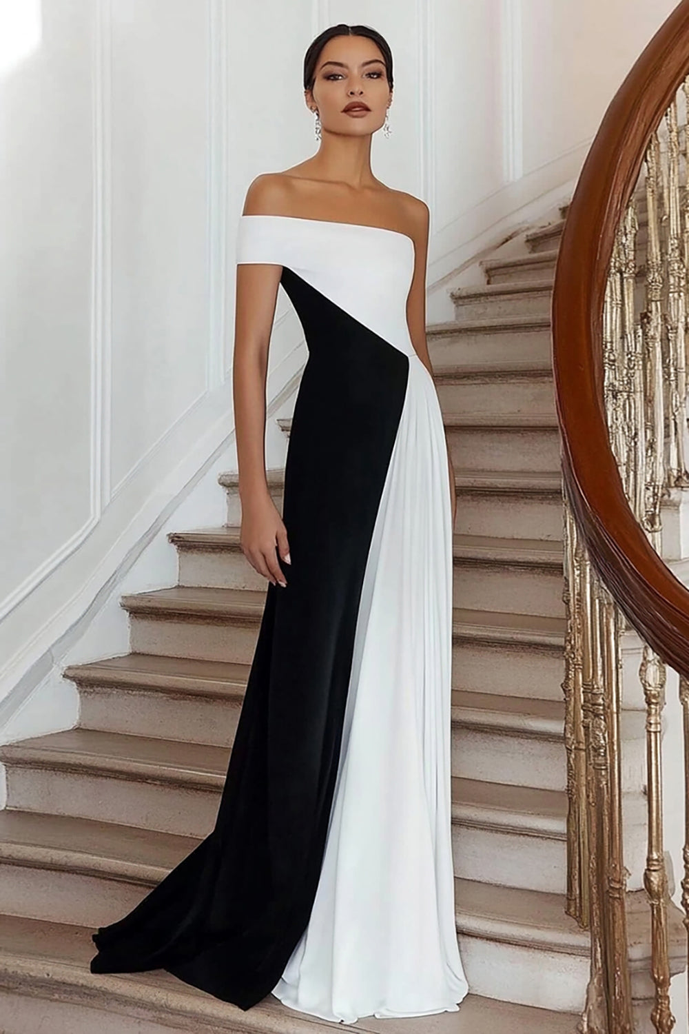 Zapakasa Women Black White A Line Off the Shoulder Formal Dress Sleeveless Long Evening Dress Zapakasa Women Black White A Line Off the Shoulder Formal Dress Sleeveless Long Evening Dress