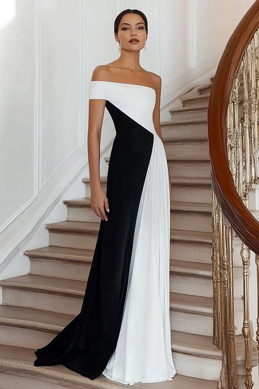 Black White Off the Shoulder A Line Long Formal Dress