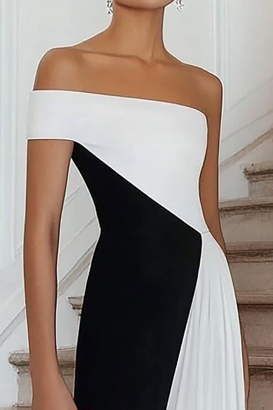 Black White Off the Shoulder A Line Long Formal Dress