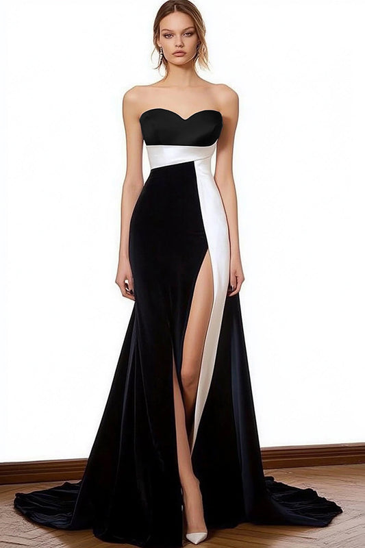 Black White Satin Strapless Long Formal Dress with Slit