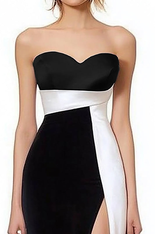 Black White Satin Strapless Long Formal Dress with Slit