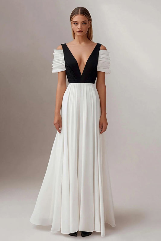 Black White A Line Deep V-Neck Long Formal Dress with Pleated