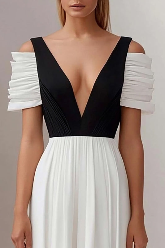 Black White A Line Deep V-Neck Long Formal Dress with Pleated