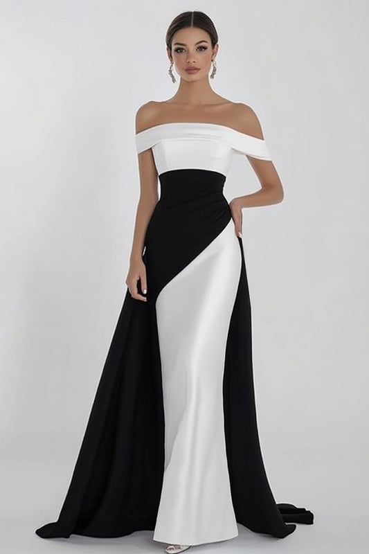Black White A Line Off the Shoulder Satin Long Formal Dress