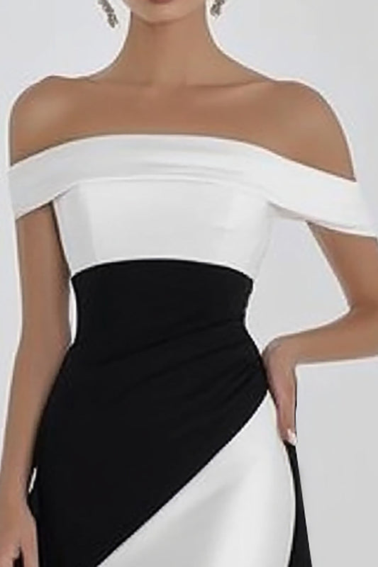 Black White A Line Off the Shoulder Satin Long Formal Dress