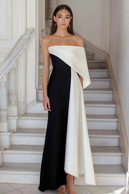 Black White One Shoulder Sheath Satin Long Formal Dress