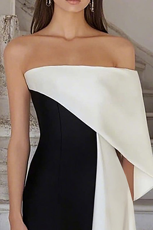 Black White One Shoulder Sheath Satin Long Formal Dress