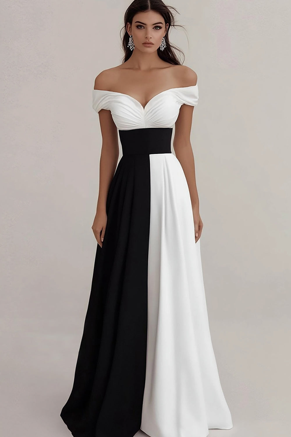 Zapakasa Women Black White A Line Long Satin Formal Dress Ruched Off