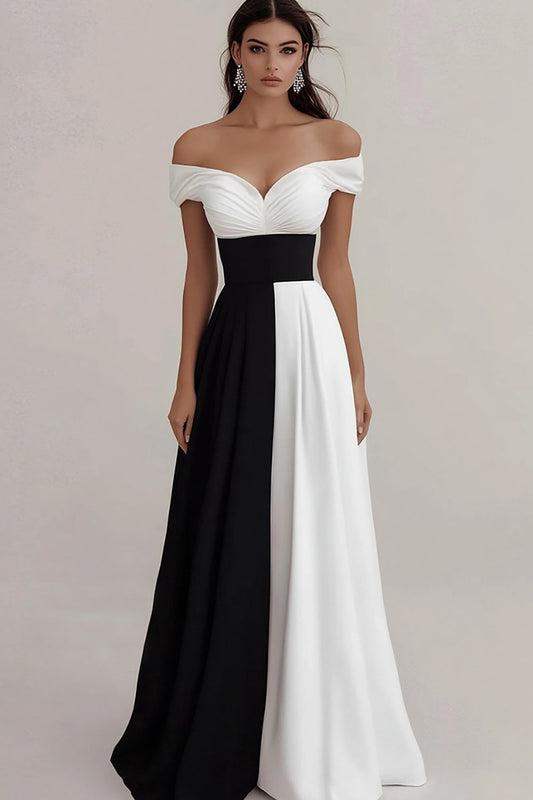 Black White A Line Off The Shoulder Long Satin Formal Dress