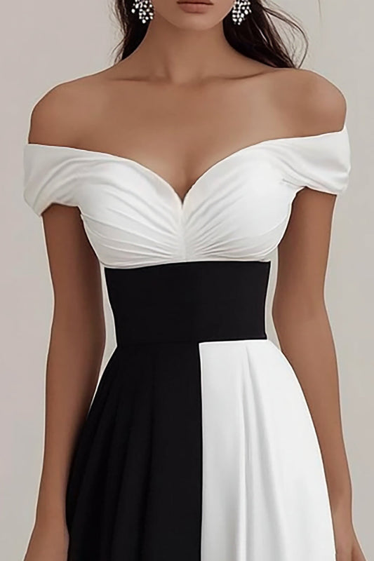 Black White A Line Off The Shoulder Long Satin Formal Dress