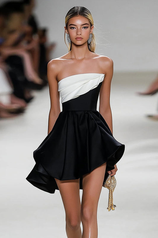 Black White A Line Square Neck Satin Short Cocktail Dress with Ruffles